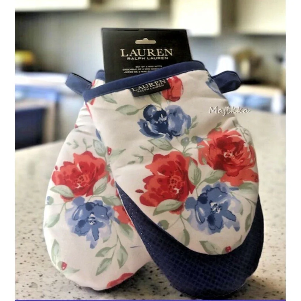 Ralph Lauren Mini Oven Mitts Set of 2 Floral Red White Blue Neoprene Grip Cotton